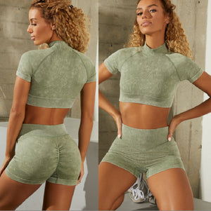 Seamless Short Sleeve Gym Suit, Top and Bottom, No Steel Ring